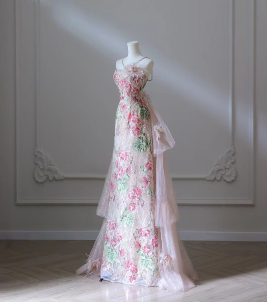 Pink A-Line Hanging Neck Floral Lace Long Prom Dresses TP1573