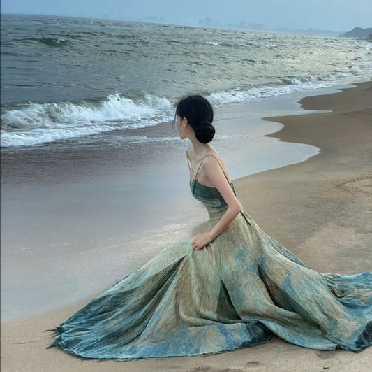 Gradient Green A-Line Spaghetti Strap Long Dress TP1575