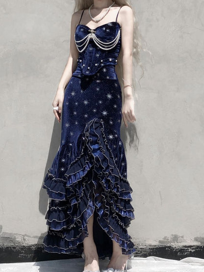 Navy Star Mermaid Dress Velvet High Leg Split Irregular Skirt TP1582