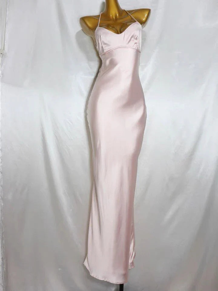 Pink A-Line Spaghetti Strap Simple Satin Long Prom Dresses TP1584