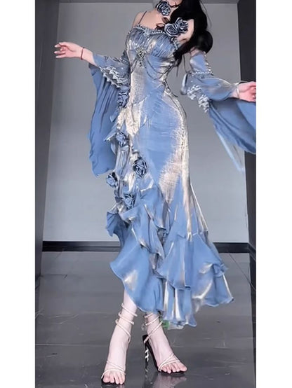 Chic Tailored Spaghetti Straps Blue 3D Flower Long Gowns TP1599