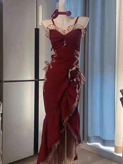 Burgundy Spaghetti Strap Heart Neck High Low Irregular Hem Dress TP1601