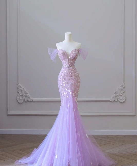 Strapless Purple Mermaid Glitter Tulle Floor Length Ball Gowns TP1618
