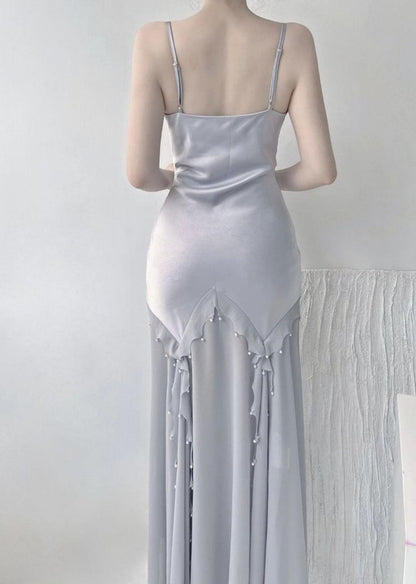 Gray Simple Mermaid V-Neck Spaghetti Strap Ankle Length Gowns TP1623