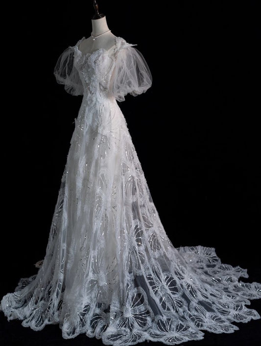 White A-Line Short Sleeve Floral Tulle Long Floor Length Prom Dresses TP1626