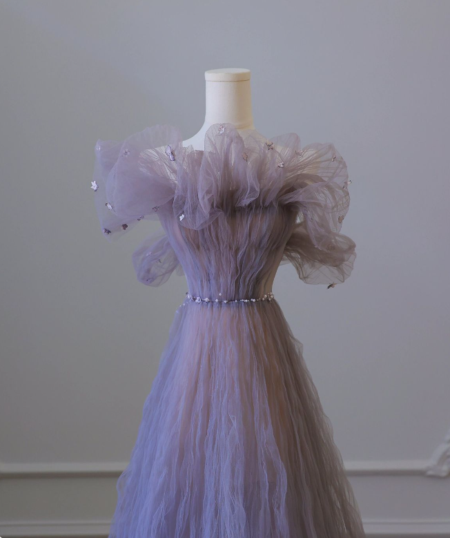 Charming Purple A-Line Strapless Tulle Ankle Length Evening Dresses TP1633