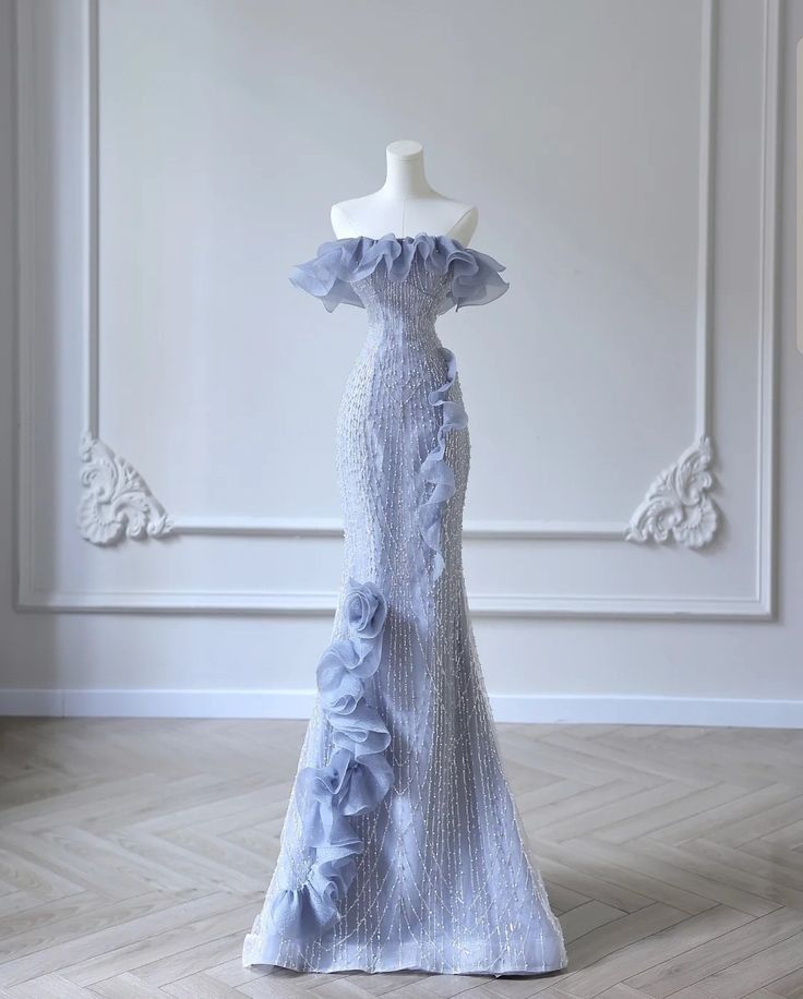 Blue Mermaid One Neck Strapless 3D Flower Beaded Tulle Floor Length Evening Dresses  TP1640