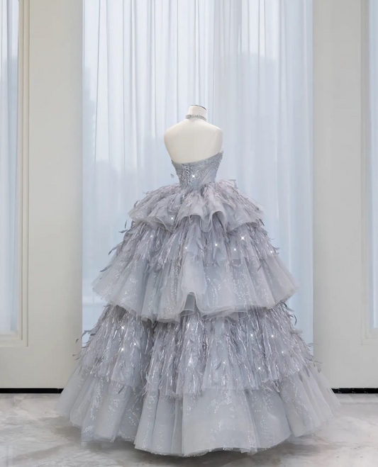 Glamorous Silver Grey Strapless Layered Feather & Sequin Details Tiered Ball Gown TP1657
