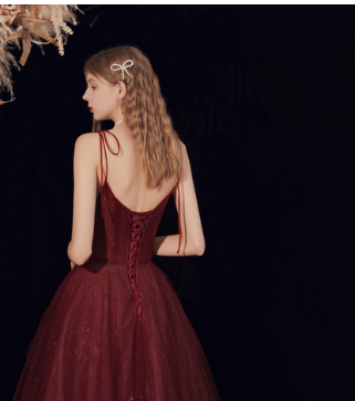 Burgundy A-Line Spaghetti Strap Tulle Long Prom Dresses TP1663