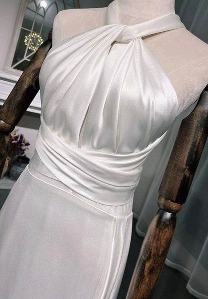Vintage Ivory Halter Dress Design Simple A-Line Satin Long Evening Gown Prom Dress TP1670