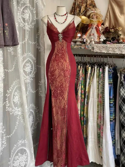 Sexy Red Mermaid V-Neck Spaghetti Strap Lace Split Long Prom Dresses TP1680