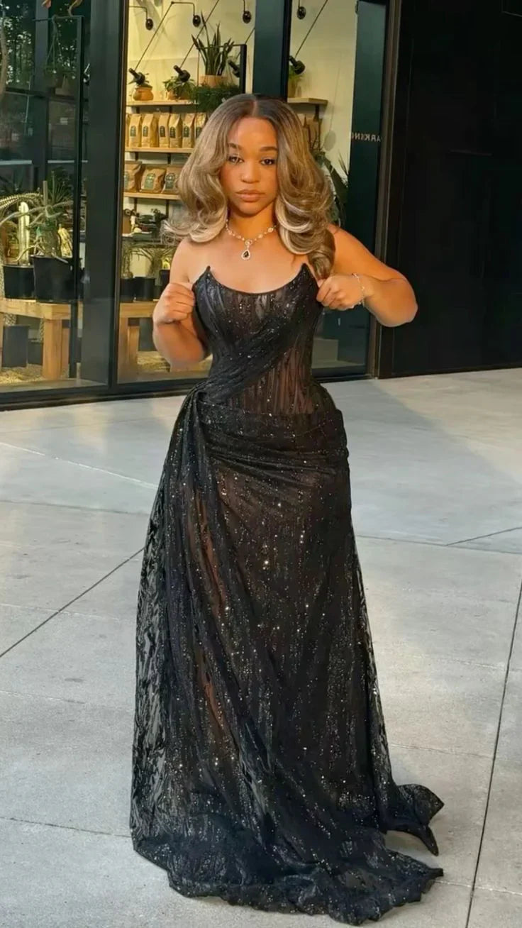 Sexy Black Mermaid Strapless Sequined High Split Long Floor Length Prom Dresses TP1687