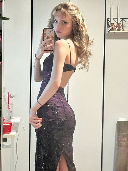 Purple Mermaid Sequined High Split Spaghetti Strap Long Prom Dresses TP1706