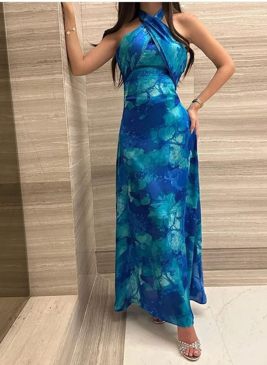 Blue Swoosh Neckline Strapless Ankle Length Dress TP1726