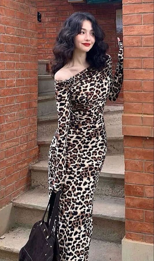 Sexy Mermaid Leopard Print Strapless Long Sleeve Long Prom Dresses TP1730