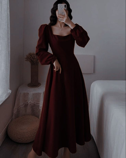 Vintage-Inspired Burgundy Square Neck Puff Sleeve Midi Dress Elegant A-Line Evening Gown TP1746