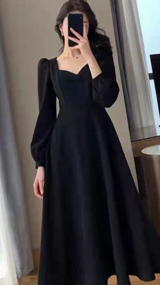 Vintage-Inspired Burgundy Square Neck Puff Sleeve Midi Dress Elegant A-Line Evening Gown TP1746