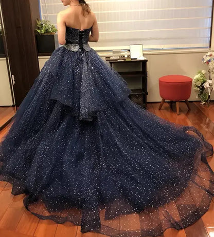 Navy A-Line Tulle Silver Beaded Sequin Strapless Evening Gown TP1763