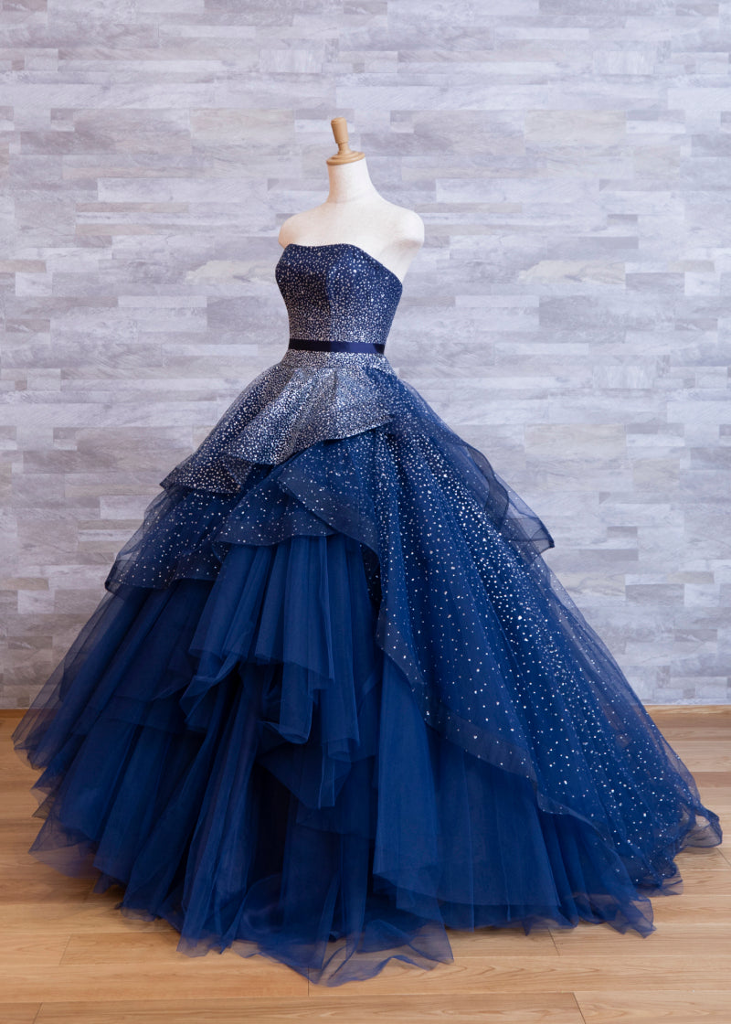 Navy A-Line Tulle Silver Beaded Sequin Strapless Evening Gown TP1763