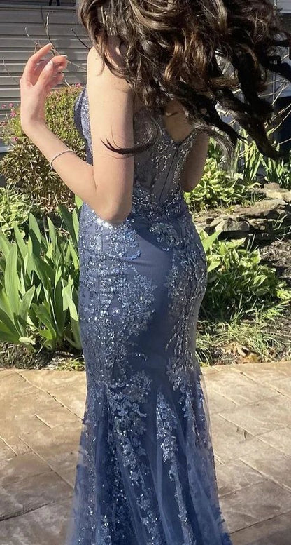 Charming Grey V Neck Lace Strap Mermaid Ball Gown Long Evening Dress TP1776