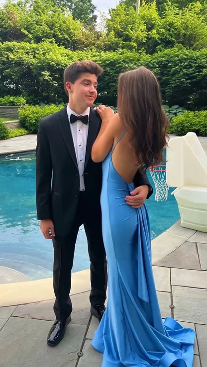 Blue Mermaid Backless Ball Gown Elegant Evening Dress TP1783