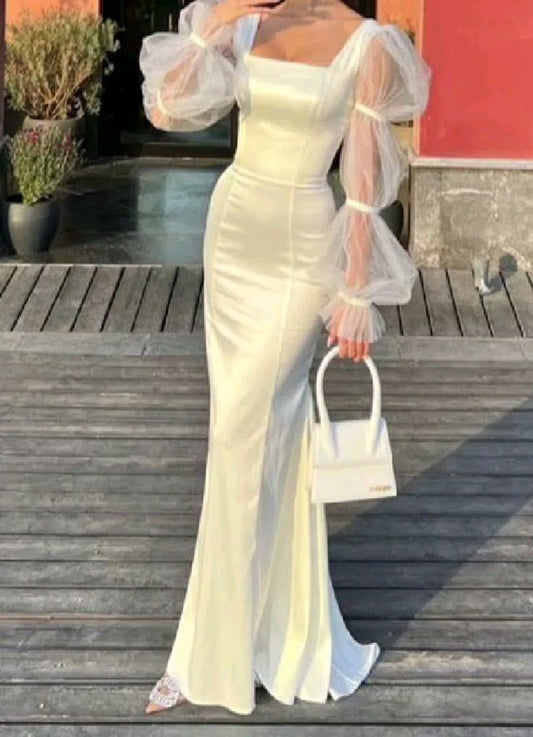 Fashion Ivory Mermaid Long Sleeves Satin Long Prom Dress Evening Dress TP1801