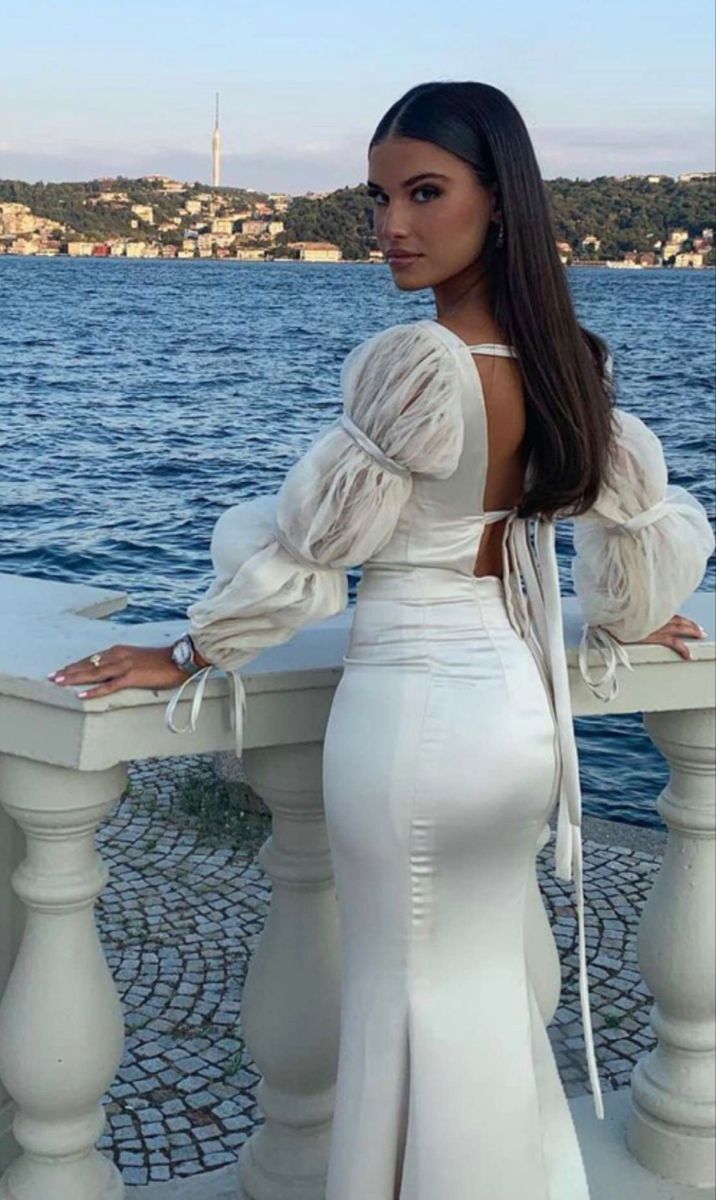 Fashion Ivory Mermaid Long Sleeves Satin Long Prom Dress Evening Dress TP1801