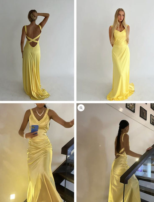 Yellow V-neck straps backless satin long formal evening gown TP1810