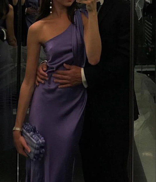 Elegant purple one-shoulder satin long evening dress TP1821