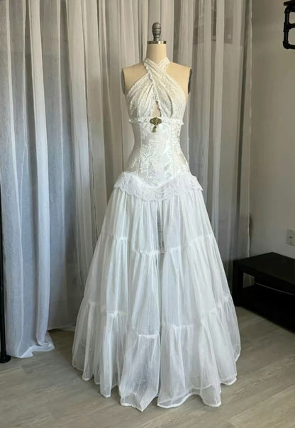 Vintage White Lace Sleeveless Halter Neck Wedding Dress Evening Gown TP1825
