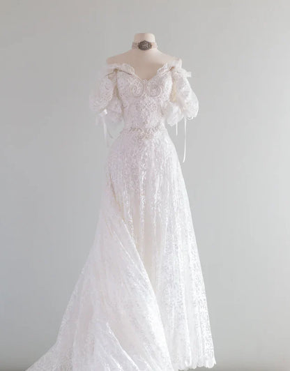 Elegant White A-line V-neck Short Sleeve Lace Floor-length Wedding Dress TP1841