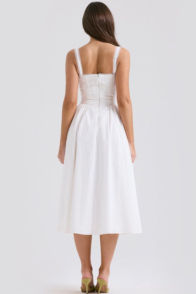 Simple white A-line off-shoulder tie tea dress TP1866