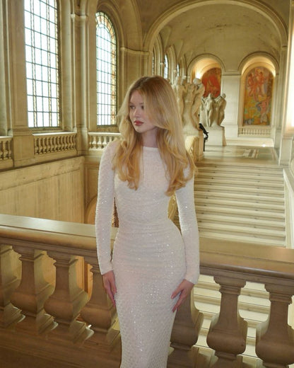 Simple White Mermaid Long Sleeve Shiny Formal Long Prom Gown Evening Dress TP1877
