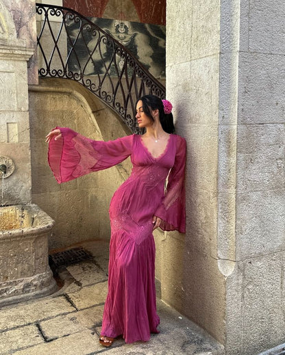 Retro Purple A-line V-neck Long Sleeve Lace Prom Dress TP1893