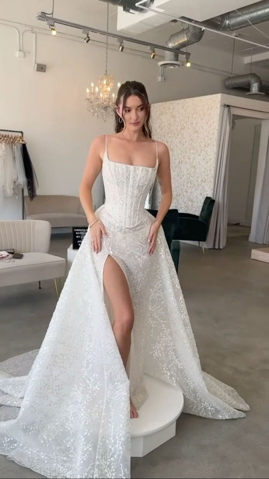 Elegant Spaghetti Strap Lace High Slit Wedding Dress TP1918