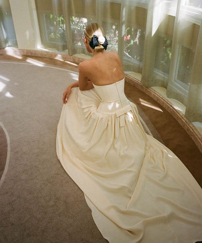 Light Yellow A-Line Strapless Sleeveless Floor-Mounting Formal Prom Gown Evening Dress TP1920