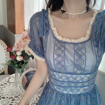 Blue Sweet A-line Short Sleeve Lace Ankle-length Dress TP1922