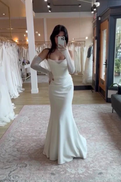 White V-neck Off-shoulder Mermaid Satin Long Ball Gown Wedding Dress TP1928