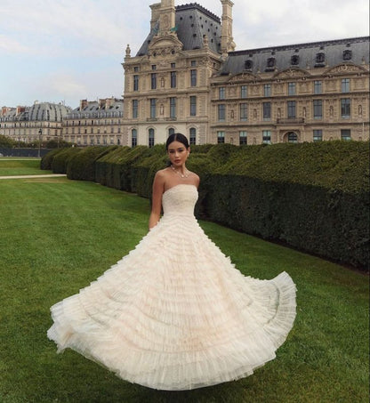 Ivory A-line Tulle Layered Pleated Princess Ball Gown Evening Dress TP1933