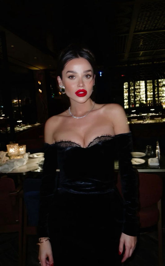 Elegant Black Mermaid Off Shoulder Long Sleeve Velvet Formal Prom Dress Evening Gown TP1946