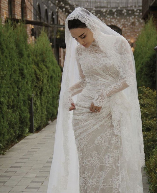 Gorgeous White Mermaid High Neck Long Sleeve Lace Train Wedding Dress TP1950