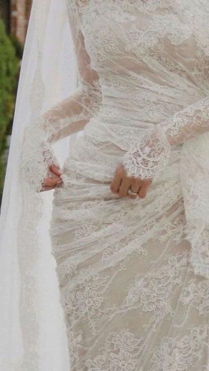 Gorgeous White Mermaid High Neck Long Sleeve Lace Train Wedding Dress TP1950