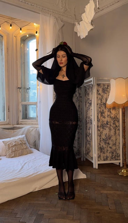 Sexy Black Mermaid Lace Tea Length Ball Gown Evening Dress TP1957