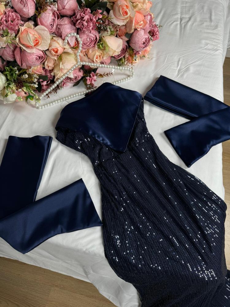 Navy Blue Mermaid Off Shoulder Strapless Sequin Floor Length Formal Prom Gown Evening Dress TP1985