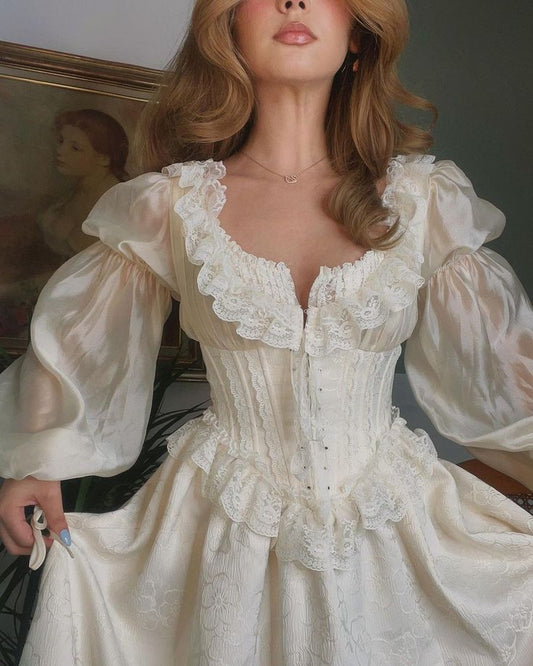 Vintage Ivory Puff Sleeve Lace Long Sleeve Dress TP1993