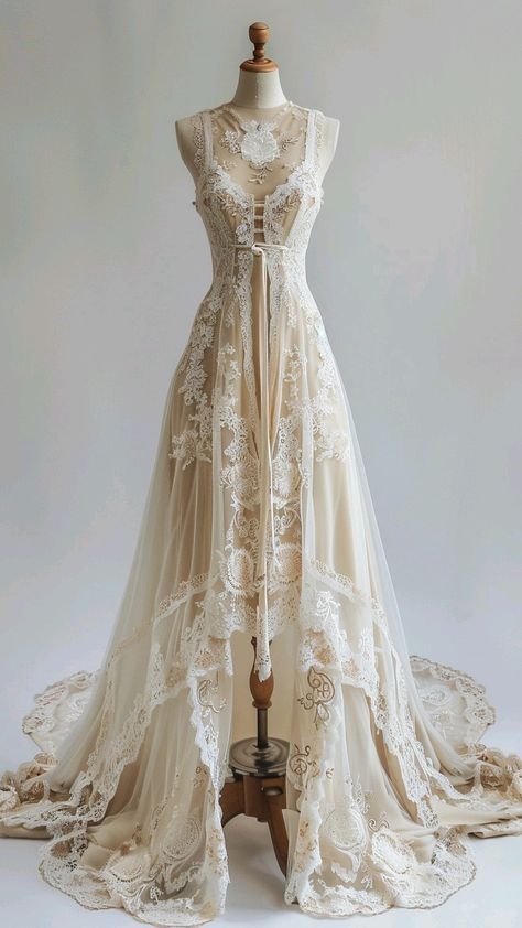 Vintage Ivory Round Neck Lace Sleeveless High-Low Train Wedding Dress TP2006