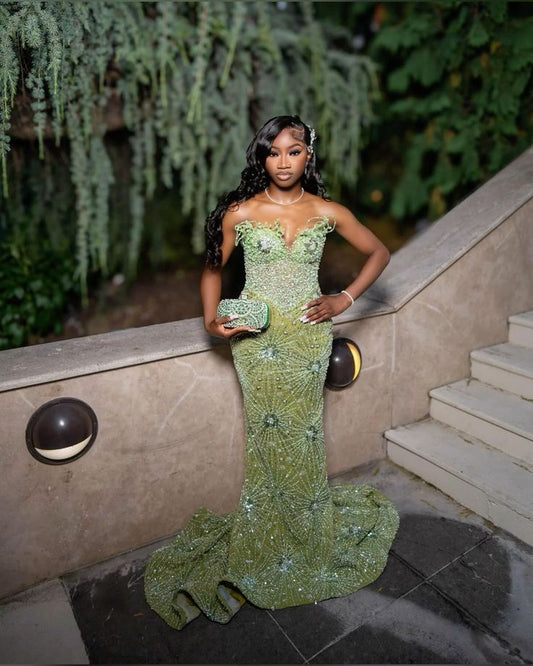 Charming Green Mermaid Off Shoulder Beaded Sequin Floor Length Formal Prom Dress Evening Gown TP2008