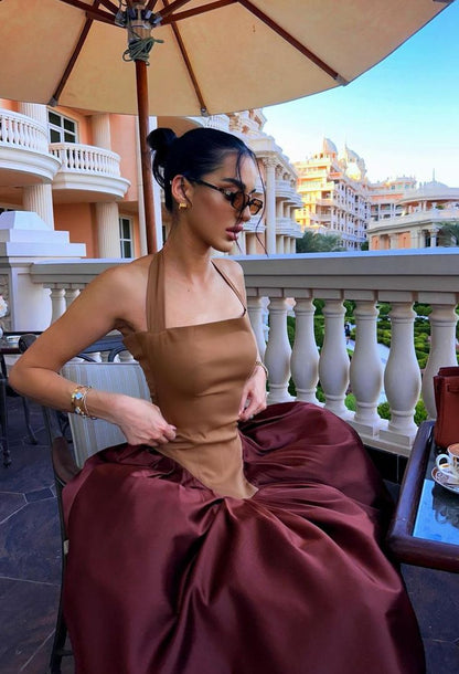 Chic Colorblock Halter Neck Satin Long Ball Gown Evening Dress TP2019