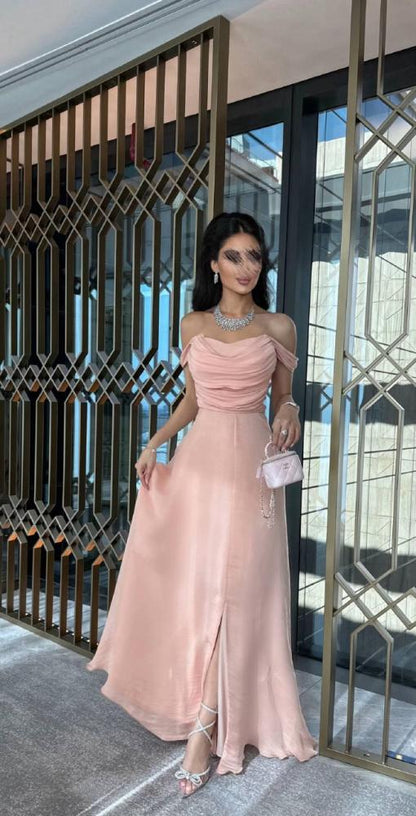 Elegant pink A-line strapless front slit floor-length ball gown evening dress TP2024