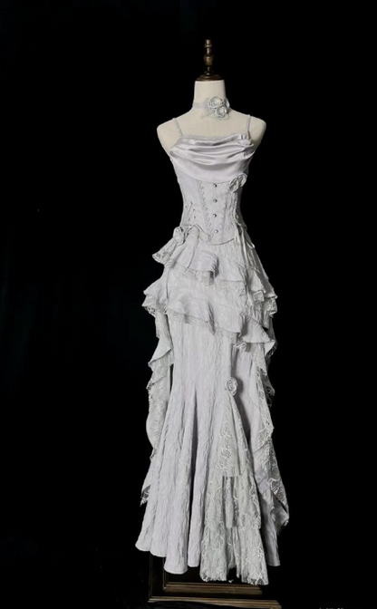 Vintage Silver Grey Mermaid Strap Sleeveless Lace Edge Ball Gown Evening Dress TP2032